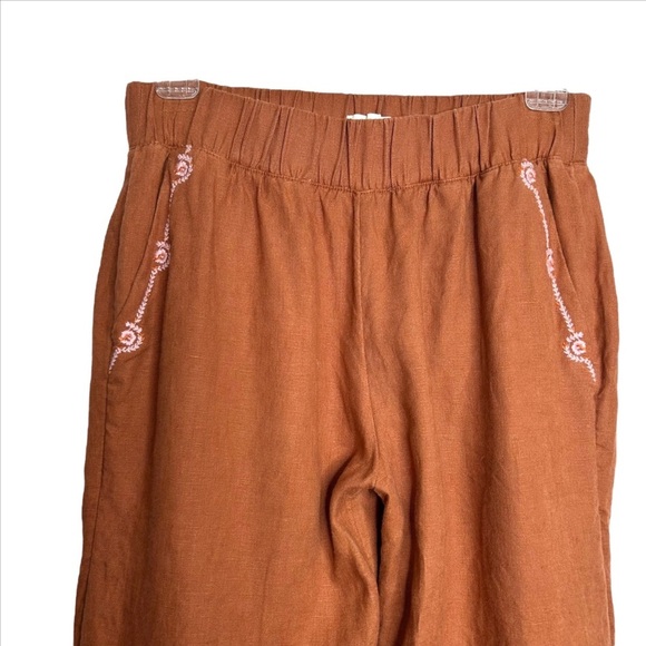 Spartina 449 Linen Pants S Brown Rylene Wide Leg Palazzo Floral Embroidered - Picture 4 of 8
